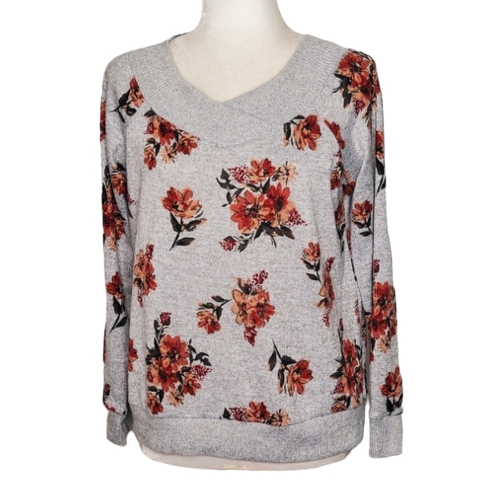 No Frills Sweater Women Size XL Gray V Neck Long Sleeve Floral Print Top